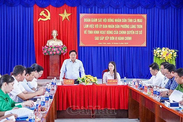Phó Chủ tịch HĐND tỉnh Bùi Tấn Bảy phát biểu tại buổi làm việc với UBND phường Láng Tròn.