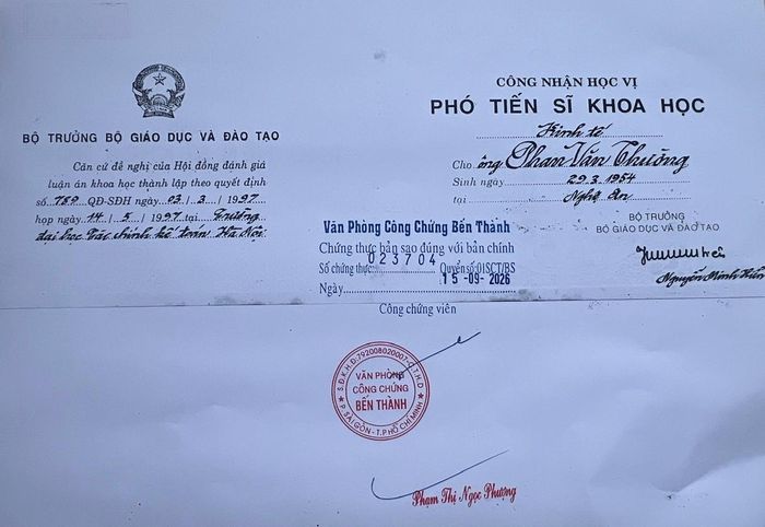 Văn bằng của ông Phan Văn Thường được công chứng tại Văn phòng Công chứng Bến Thành. Ảnh: NVCC