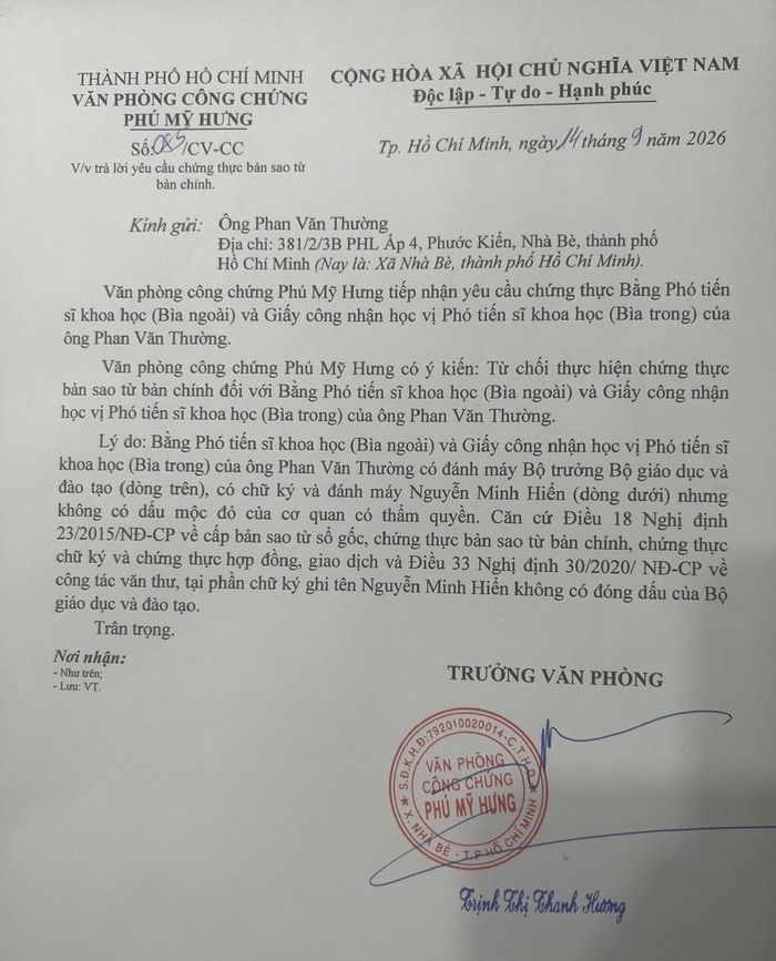 Văn bản trả lời của Văn phòng Công chứng Phú Mỹ Hưng. Ảnh: NVCC