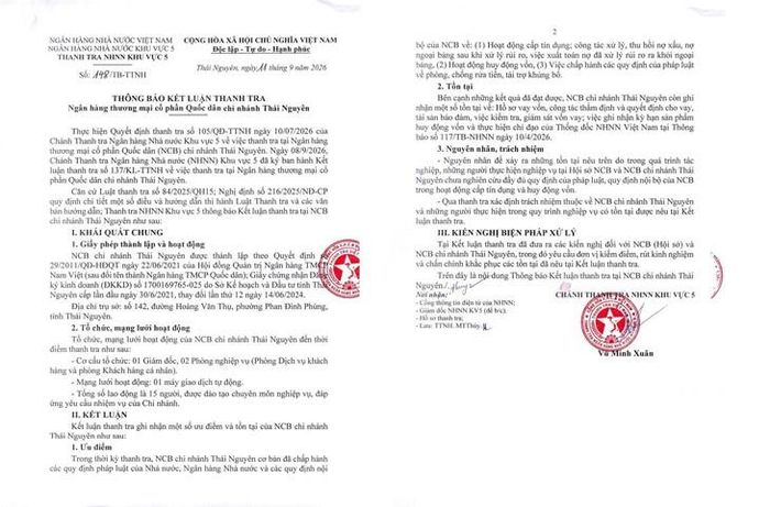 Kết luận thanh tra NCB Thái Nguyên.