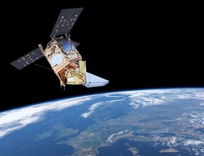 Hình mô phỏng vệ tinh Sentinel-5P có gắn thiết bị TROPOMI ghi lại dữ liệu về quá trình phân hủy khí methane từ vụ núi lửa Hunga Tonga-Hunga Ha'apai phun trào. Nguồn: Cơ quan Vũ trụ châu Âu