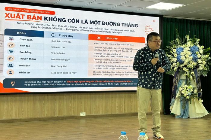 Ông Nguyễn Cảnh Bình - Chủ tịch HĐQT Alpha Books - chia sẻ với sinh viên những thách thức mới của ngành xuất bản. Ảnh: BTC.