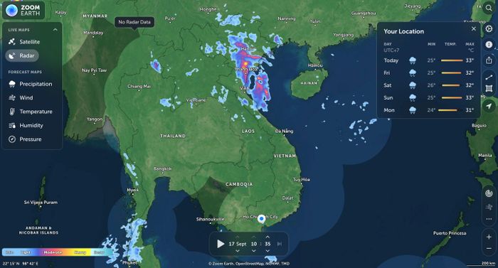  Dạng bản đồ radar của Zoom Earth.