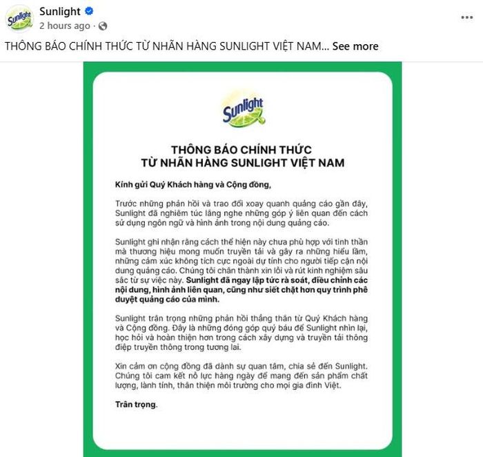Nhãn hàng đăng tải lời xin lỗi và cam kết rút kinh nghiệm trên kênh Facebook chính thức.