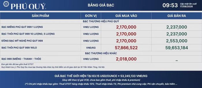 Tập đoàn Vàng bạc đá quý Phú Quý niêm yết giá bạc ngày 17/9. (Ảnh: giabac.phuquygroup.vn)