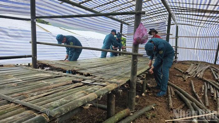 Các lực lượng chức năng hỗ trợ người dân dựng lán trại làm nơi tạm trú.
