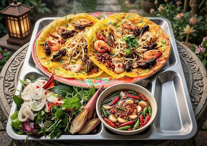 Bánh xèo nhân dế, tôm, thịt thơm ngon, hấp dẫn ngày mưa.