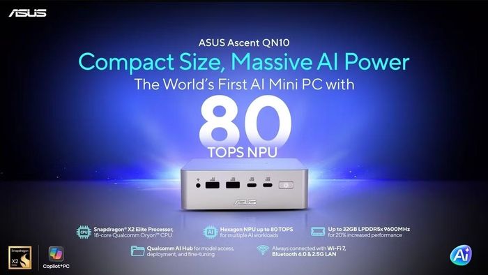 mini PC Ascent QN10 sở hữu sức mạnh từ chip Snapdragon X2 Elite 18 nhân đạt 80 TOPS.