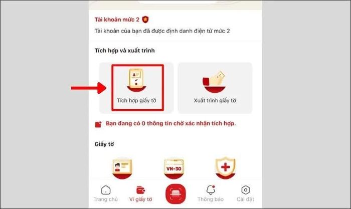 Mở 'Tích hợp giấy tờ' và tạo yêu cầu mới.
