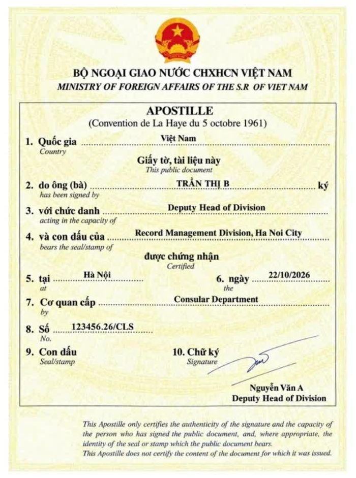 Mẫu chứng nhận Apostille của Việt Nam triển khai từ 11/9/2026. (Nguồn: Bộ Ngoại giao)