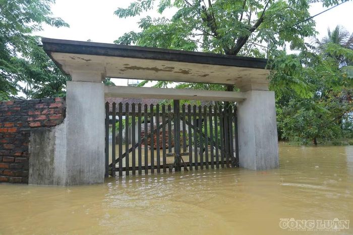 Nước ngập cao đến nửa cánh cổng nhà dân.