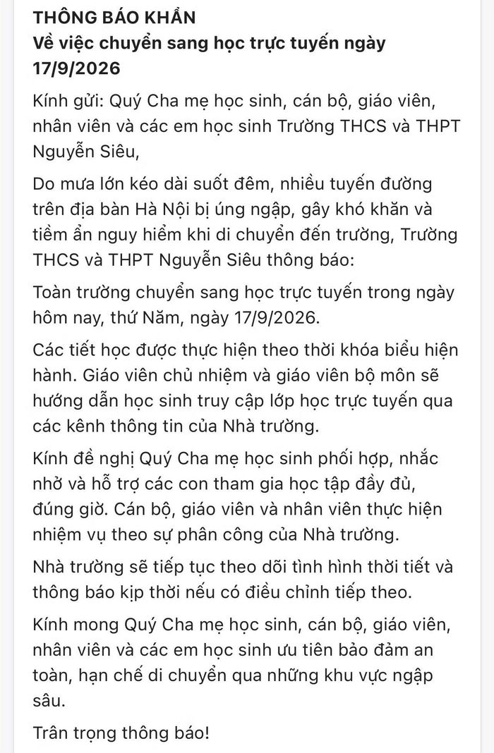 Thông báo khẩn về việc chuyển sang học trực tuyến của Trường Nguyễn Siêu từ 6h sáng.