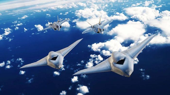 Hai máy bay CCA Vectis đi cùng một chiếc F-35 Lightning II và một chiếc F-22 Raptor. (Nguồn ảnh: Lockheed Martin/theaviationist.com)