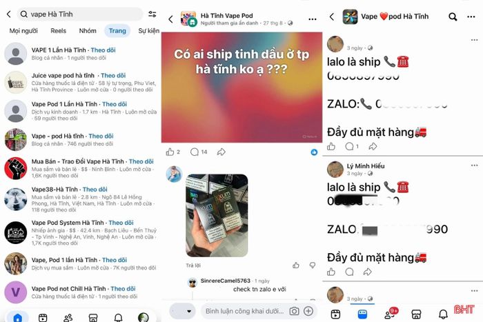 Hàng loạt hội nhóm công khai mua bán thuốc lá điện tử trên Facebook. Ảnh: Chụp màn hình.