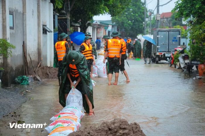 Lực lượng quân đội hỗ trợ người dân đắp đê ngăn lũ. (Ảnh: Hoài Nam/Vietnam+)