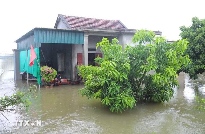 Nhà dân bị nước lũ dâng cao gây cô lập, sâu hơn 1m. (Ảnh: Xuân Tiến/TTXVN)