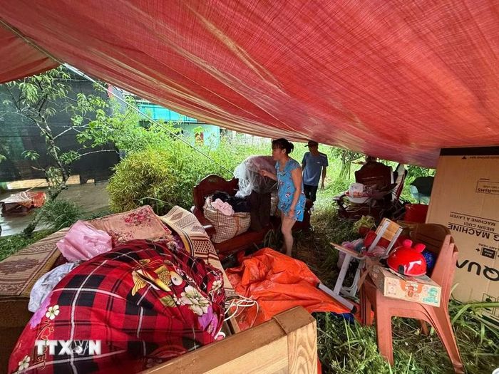 Nhiều gia đình phải sơ tán cả người và tài sản lên đê để tránh lụt. (Ảnh: Hoa Mai/TTXVN)