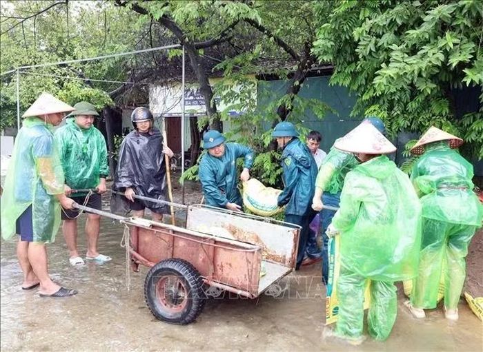 Các lực lượng chức năng và người dân xã Xuân Mai khẩn trương đắp đê ngăn nước sông tràn vào. Ảnh: Nguyễn Cúc/TTXVN