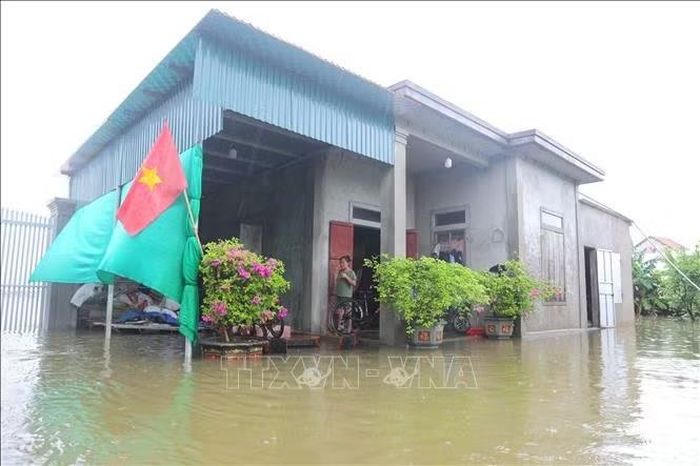 Nước lũ dâng cao, tràn vào sân và gây cô lập tạm thời nhiều nhà dân tại thôn 1, xã Quỳnh Lưu, tỉnh Nghệ An.