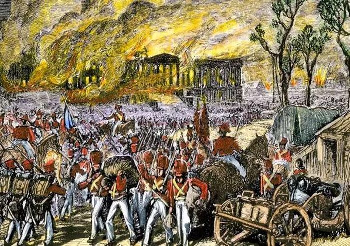 Tranh mô tả sự kiện quân đội Anh đã phóng hỏa Tòa Quốc hội và Nhà Trắng vào năm 1814.