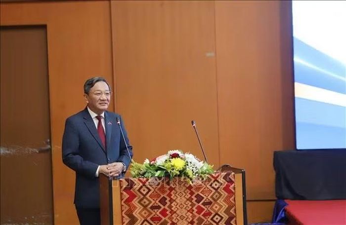 Đại sứ Việt Nam tại Lào Nguyễn Minh Tâm phát biểu tại sự kiện. Ảnh: Xuân Tú/PV TTXVN tại Lào