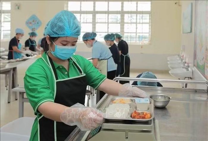 Các phần ăn tại trường Tiểu học Đức Giang (phân hiệu Thượng Thanh) được chia theo đúng định lượng khoa học, đảm bảo đầy đủ dưỡng chất và năng lượng để chăm lo tốt nhất cho sức khỏe của học sinh. Ảnh tư liệu: Phan Phương/TTXVN