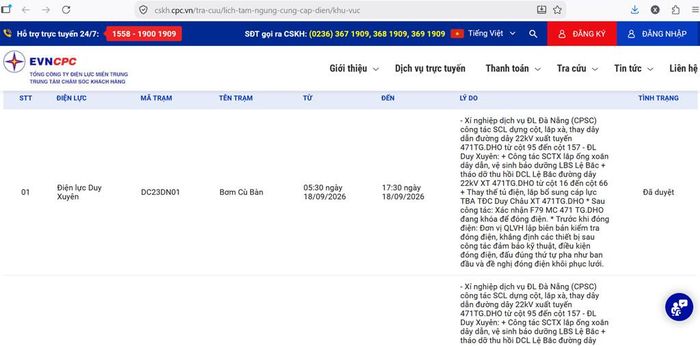 Lịch cắt điện Đà Nẵng ngày 18/9 cập nhật tại website của EVNCPC lúc 9h30 ngày 17/9. Ảnh: BNEWS/TTXVN