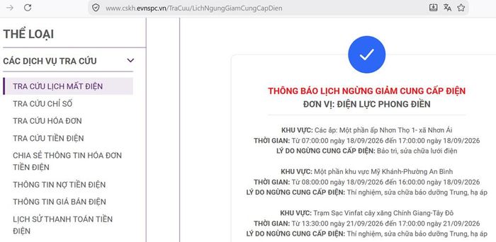 Lịch ngừng cấp điện tại Cần Thơ ngày mai 18/9 được cập tại website của EVNSPC. Ảnh: BNEWS phát