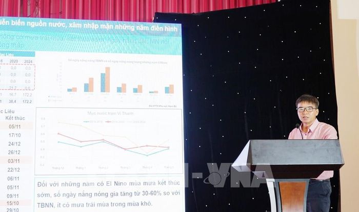 Ông Tô Quang Toản, Giám đốc Trung tâm Dự báo chuyên ngành, Viện Khoa học Thủy lợi Miền Nam, trình bày nội dung tại Hội nghị. Ảnh: Văn Sĩ - TTXVN