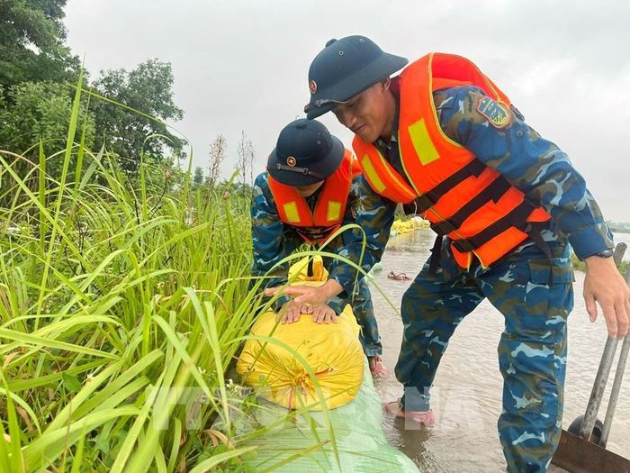 Chiến sĩ Tiểu đoàn 31, Lữ đoàn 28, Quân chủng Phòng không - Không quân ứng trực, bảo vệ tuyến đê sông Bùi tại xã Trần Phú. Ảnh: Hùng Mạnh - TTXVN