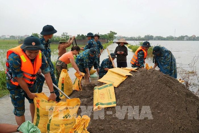 Chiến sĩ Tiểu đoàn 31, Lữ đoàn 28, Quân chủng Phòng không - Không quân ứng trực, bảo vệ tuyến đê sông Bùi tại xã Trần Phú. Ảnh: Hùng Mạnh - TTXVN