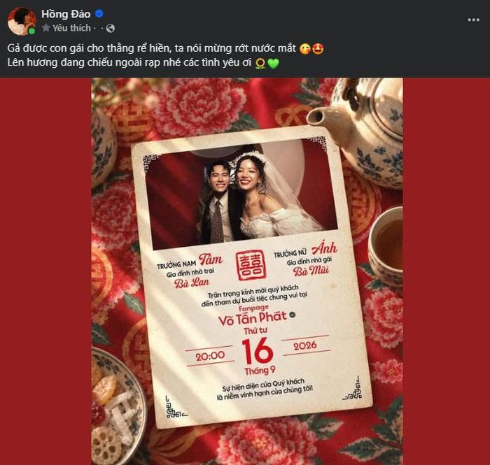 Hồng Đào hài hước chia sẻ niềm vui "gả được con gái" khi Võ Tấn Phát và Lê Hạ Anh tổ chức "đám cưới" dành cho hai nhân vật Tâm - Kim Ánh.