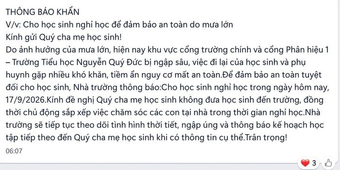 Trường Tiểu học Nguyễn Quý Đức thông báo cho học sinh nghỉ học ngày 17/9 (Ảnh chụp màn hình).