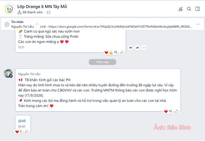 Trường Tiểu học Tây Mỗ 3 (phường Tây Mỗ) thông báo cho học sinh nghỉ học ngày 17/9 do mưa ngập.