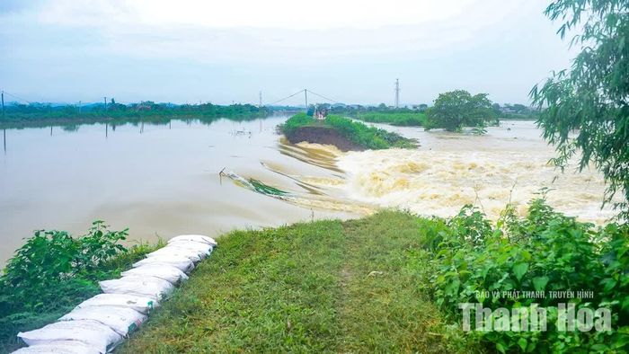Ghi nhận tại hiện trường, đoạn bờ kênh bị vỡ tạo thành một khoảng trống rộng khoảng 20m.