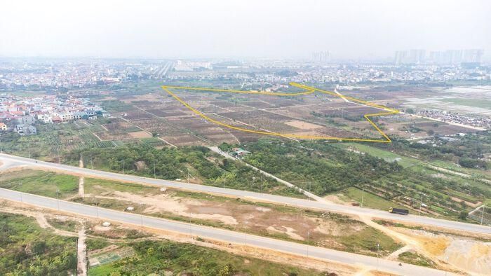 Khu đất được quy hoạch làm khu đô thị mới Tây Nam An Khánh II do CTCP Tư vấn và Đầu tư Phát triển Thương mại 3T làm chủ đầu tư (Ranh giới dự án được vẽ tương đối trong sơ đồ màu vàng). Ảnh: Tiến Dũng.
