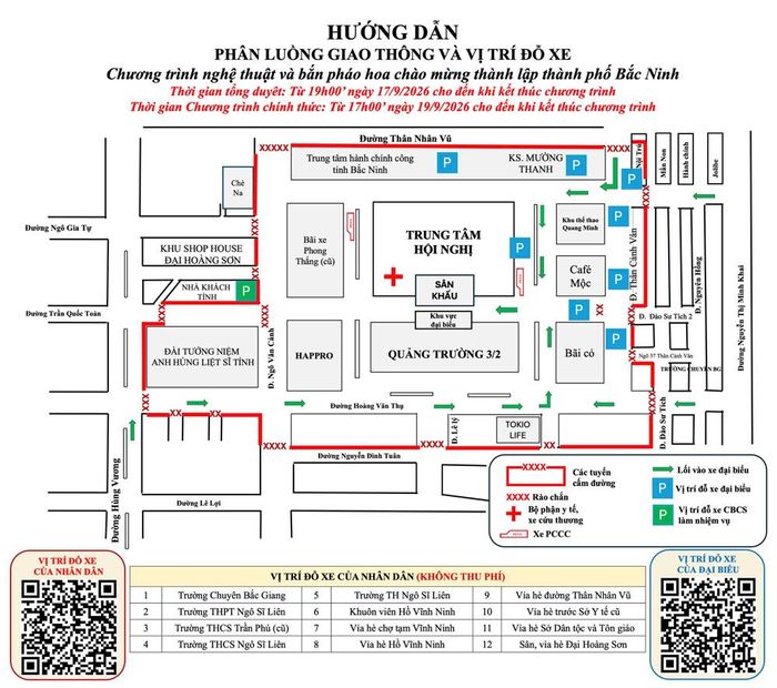 Bảng hướng dẫn phân luồng giao thông và vị trí đỗ xe phục vụ chương trình chào mừng thành lập thành phố Bắc Ninh.