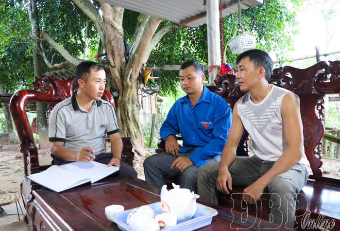 Anh Thào A Trắng, Bí thư Chi bộ bản Nậm Pố 3 (ngoài cùng bên trái) giao nhiệm vụ với các đoàn viên ưu tú phấn đấu vào Đảng.