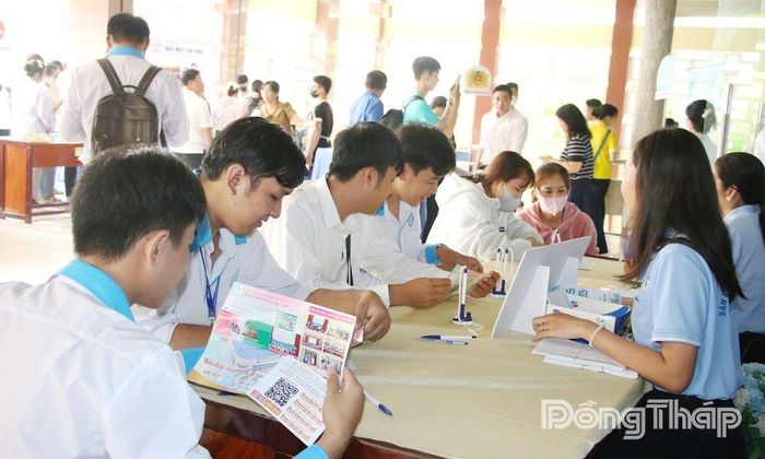 Viên chức Trung tâm Dịch vụ việc làm Đồng Tháp tư vấn việc làm cho người lao động tại phường Mỹ Tho.