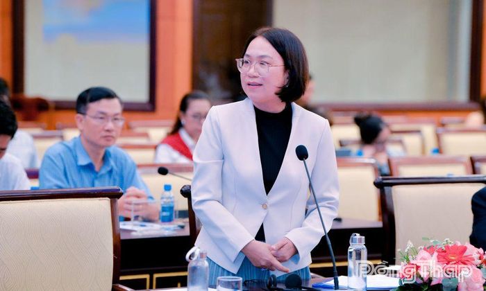 Đồng chí Nguyễn Đình Phượng Uyên, Phó Giám đốc Sở Tài chính tỉnh Đồng Tháp phát biểu tại phiên trao đổi, thảo luận.