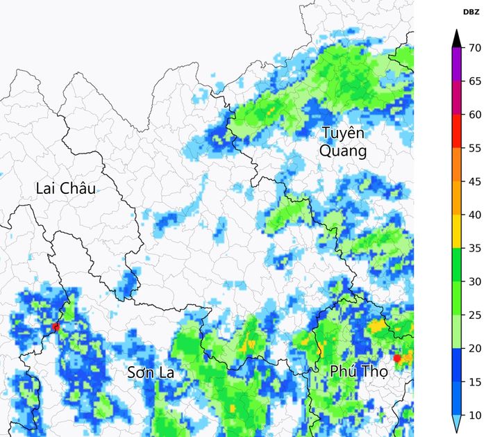 Ảnh radar thời tiết tỉnh Lào Cai lúc 08h10? (Nguồn: Trung tâm Mạng lưới KTTV Quốc gia, http://hymetnet.gov.vn)