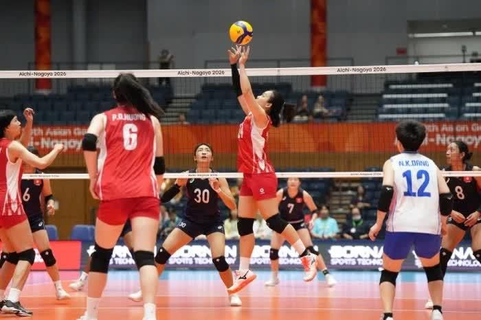  Tuyển bóng chuyền nữ Việt Nam thắng set 1. Ảnh: VFV 