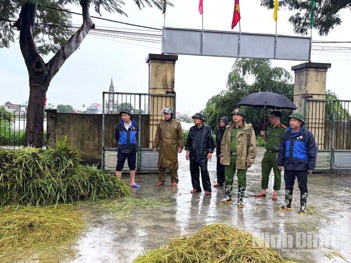 Lãnh đạo xã Tân Thanh kiểm tra, chỉ đạo công tác thu hoạch lúa Mùa, hạn chế thiệt hại do mưa lũ. Ảnh: Trần Giang