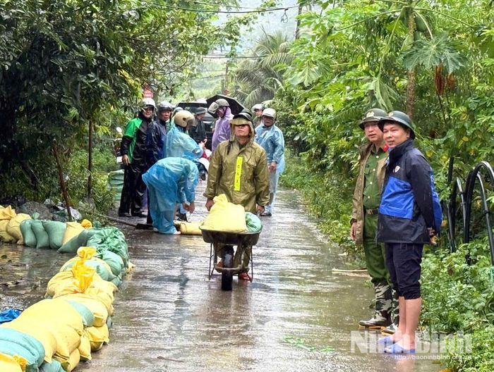 Lãnh đạo xã Tân Thanh kiểm tra, đôn đốc công tác chuẩn bị vật tư, chủ động ứng phó với mưa lũ. Ảnh: Trần Giang