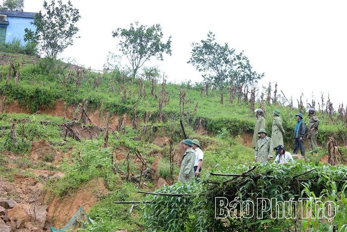 Đoàn kiểm tra khu vực sạt lở tại thôn Hợp Tiến.