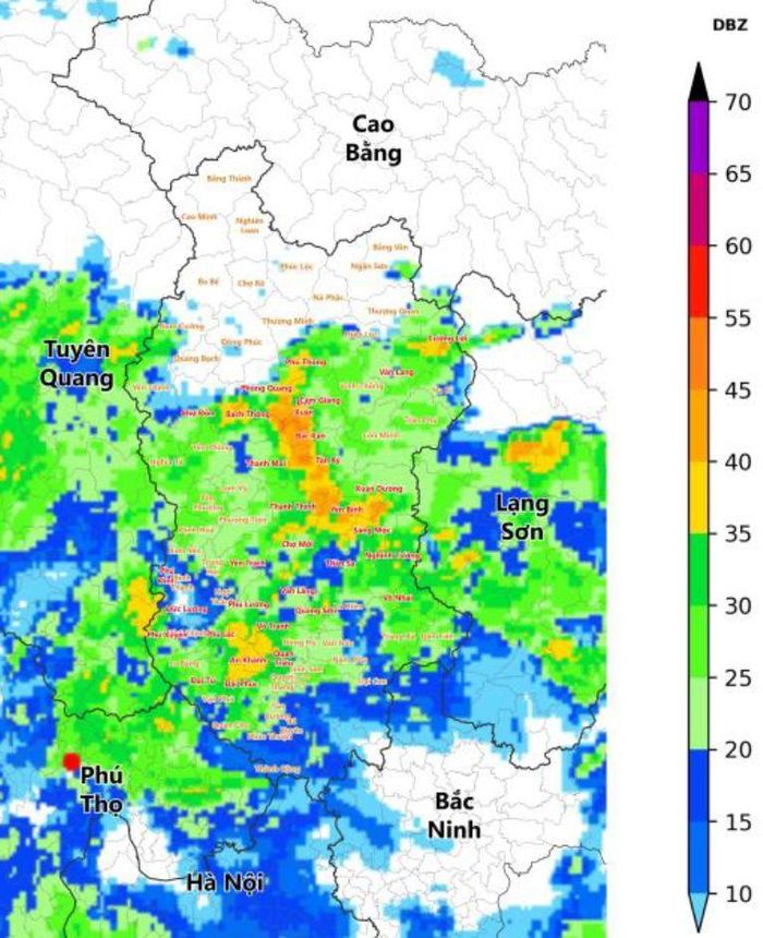 Ảnh radar thời tiết tỉnh Thái Nguyên (Nguồn: Trung tâm Mạng lưới KTTV Quốc gia, http://hymetnet.gov.vn)