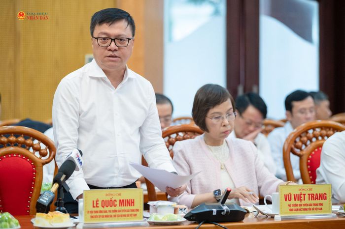 Phó Trưởng Ban Tuyên giáo Trung ương, Tổng Biên tập Báo Nhân Dân, Chủ tịch Hội Nhà báo Việt Nam Lê Quốc Minh phát biểu. Ảnh: Phạm Thắng