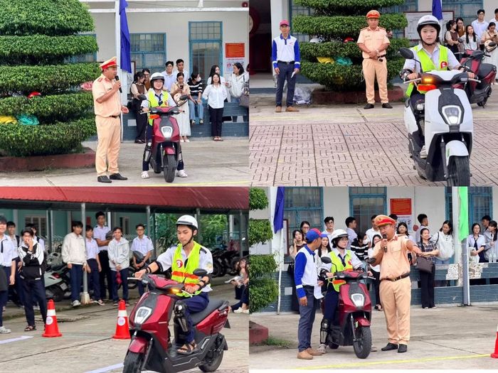 Cán bộ Phòng CSGT tuyên truyền kỹ năng, hướng dẫn học sinh Trường THPT Giá Rai lái xe an toàn.
