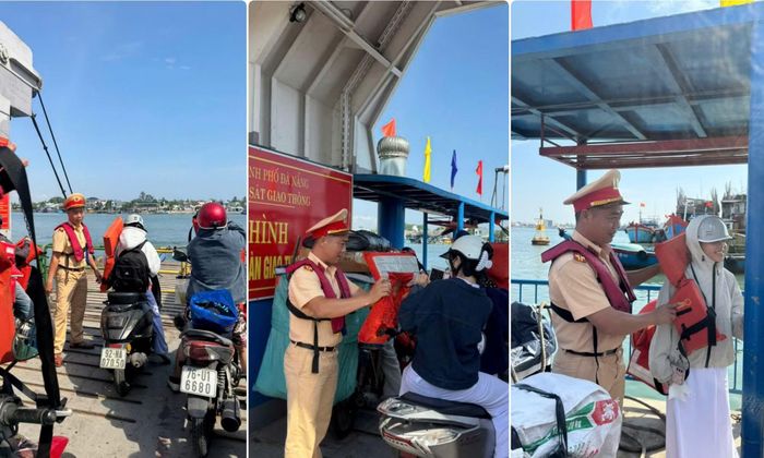 Cán bộ Cảnh sát đường thủy thuộc Phòng CSGT Công an TP Đà Nẵng kiểm tra, nhắc nhở an toàn cho các em học sinh tại các bến đò ngang.