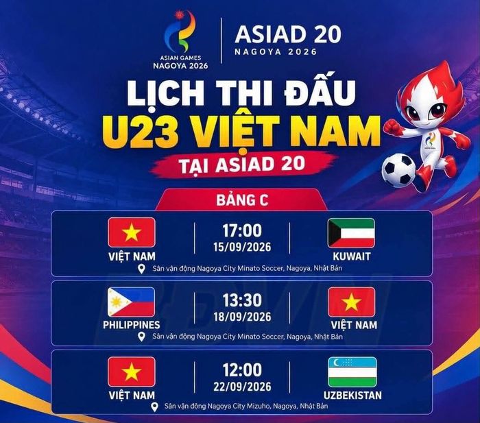 Lịch thi đấu U23 Việt Nam tại ASIAD 2026